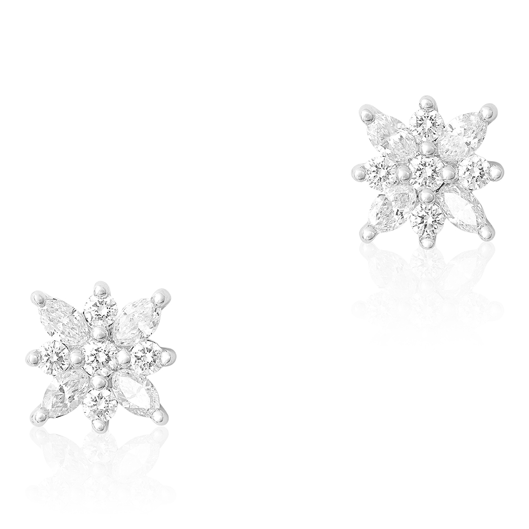 Delicate Paisley Diamond Stud Earrings in Yellow and White Gold